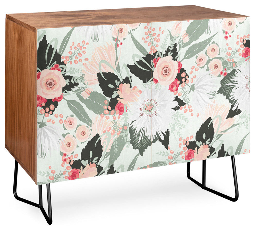 Deny Designs Carmella Creme Credenza, Walnut, Black Steel legs