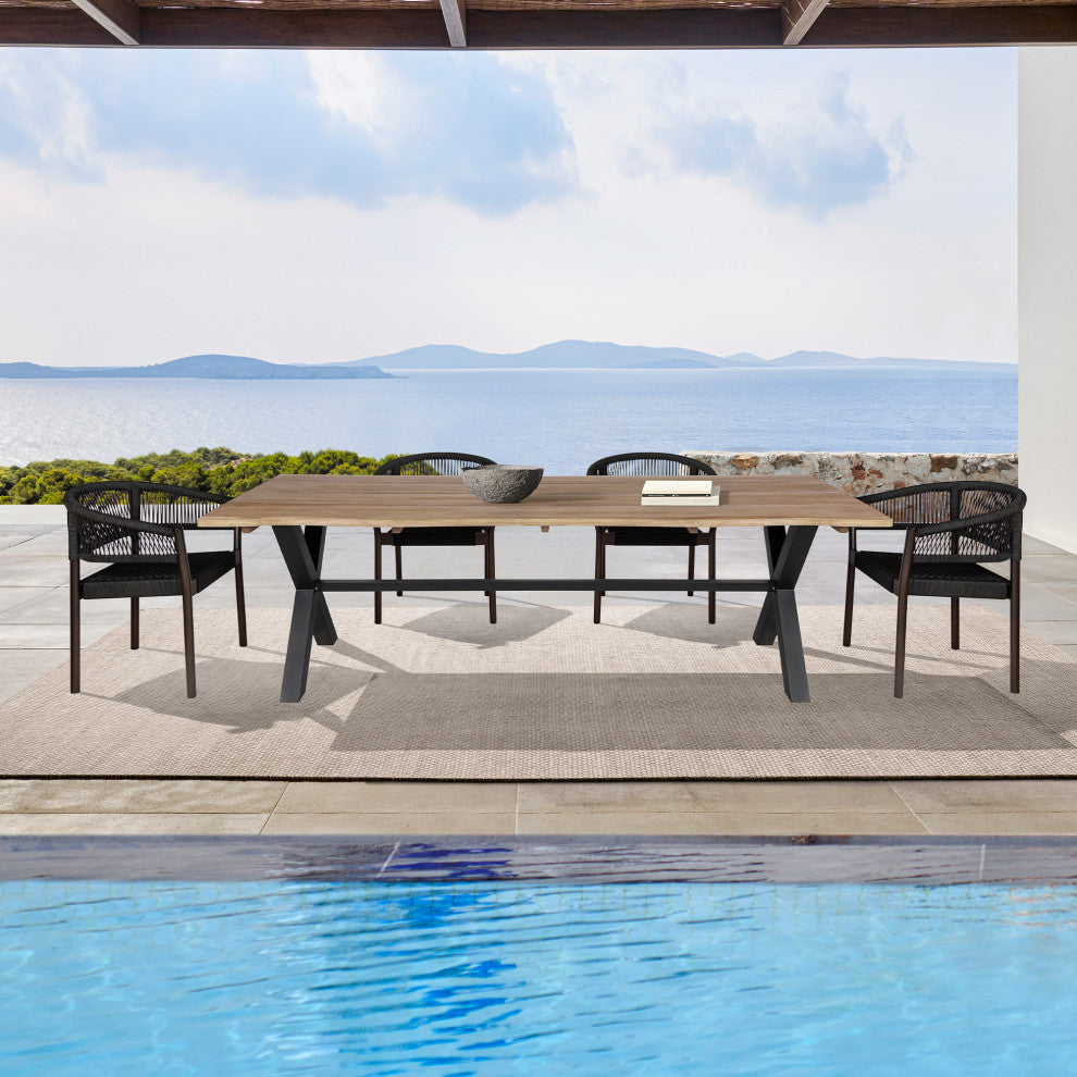 Glendora Doris Outdoor Patio Live Edge Dining Set, Wood  Black Rope, 5-Piece Set