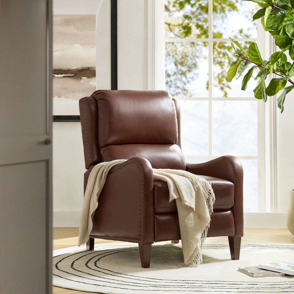 Genuine Leather  Push back Recliner With Wingback, Brown