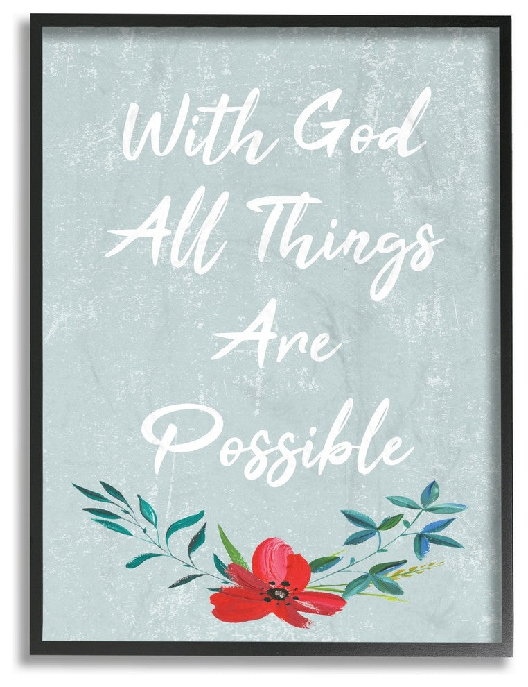Blue Wood Texture With God All Things Are Possible Flower Framed Giclee Art