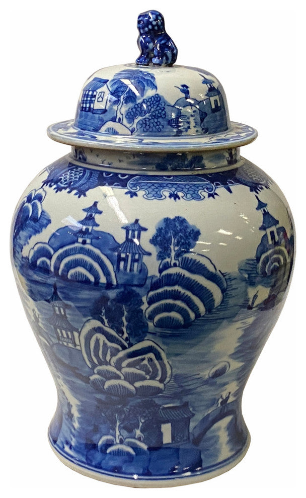 Chinese Blue White Porcelain Scenery Graphic General Temple Jar Hws1783