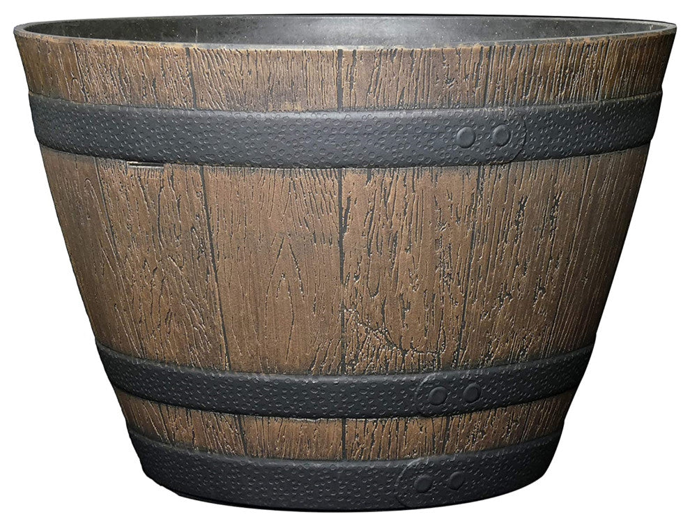 Classic Home and Garden Whiskey Resin Flower Pot Barrel Planter, Brown, 9"