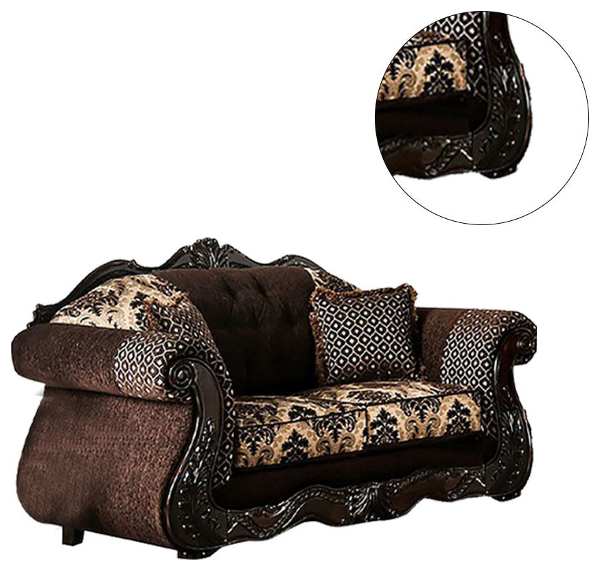 Chenille Love Seat with Button Tufting Design, Dark Brown