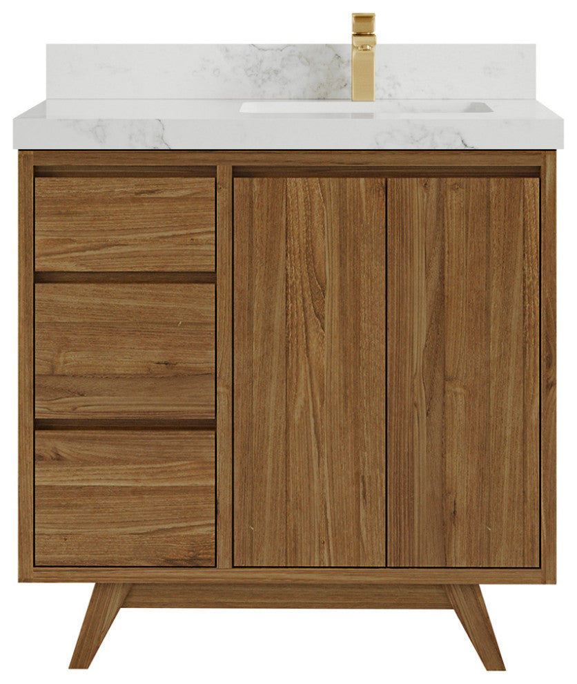 Madison Teak 36 Right Offset Bath Vanity in Dark Natural 2" Calacatta Nuvo