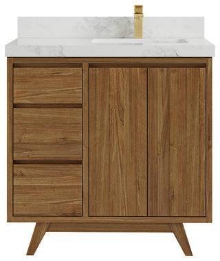 Madison Teak 36 Right Offset Bath Vanity in Dark Natural 2" Calacatta Nuvo