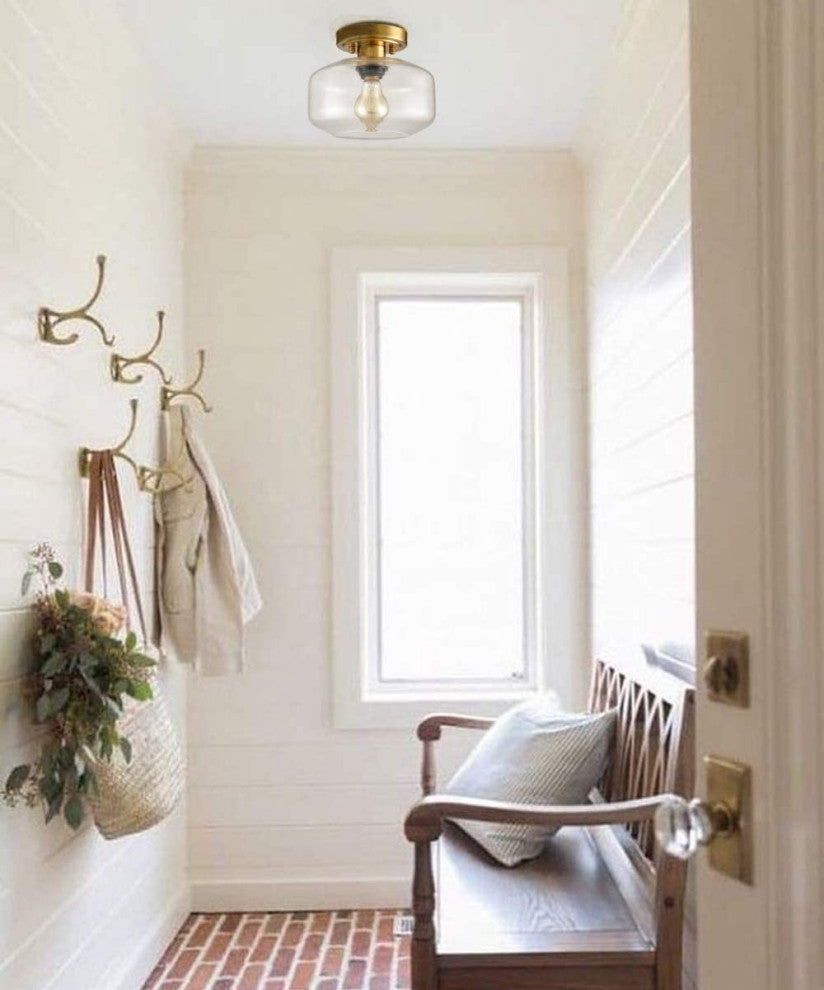 Modern Semi Flush Lighting Fixture Glass Ceiling Lamp, Brass Finish