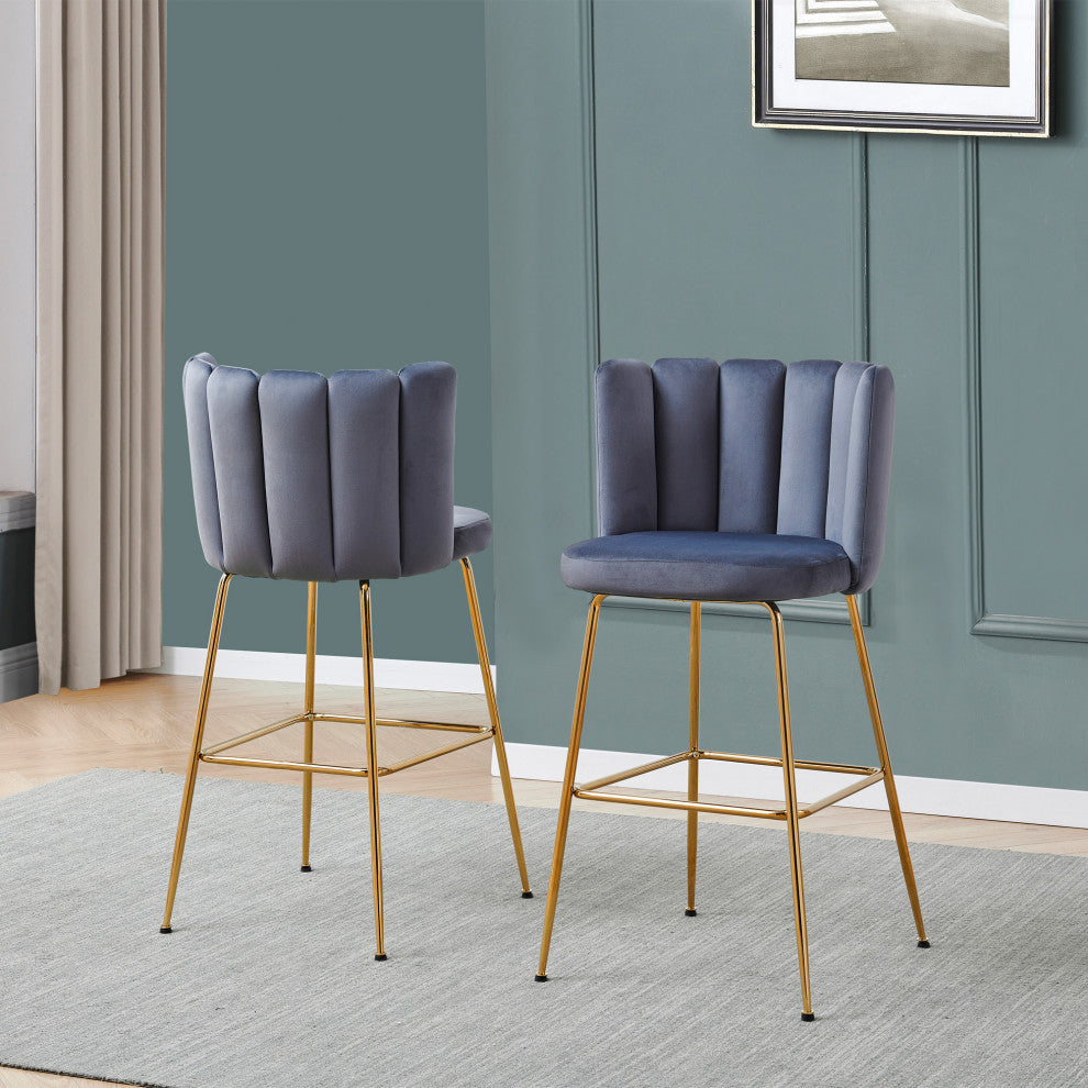 Nolan Contemporary 30" Bar Stool, Set of 2, Grey Velvet