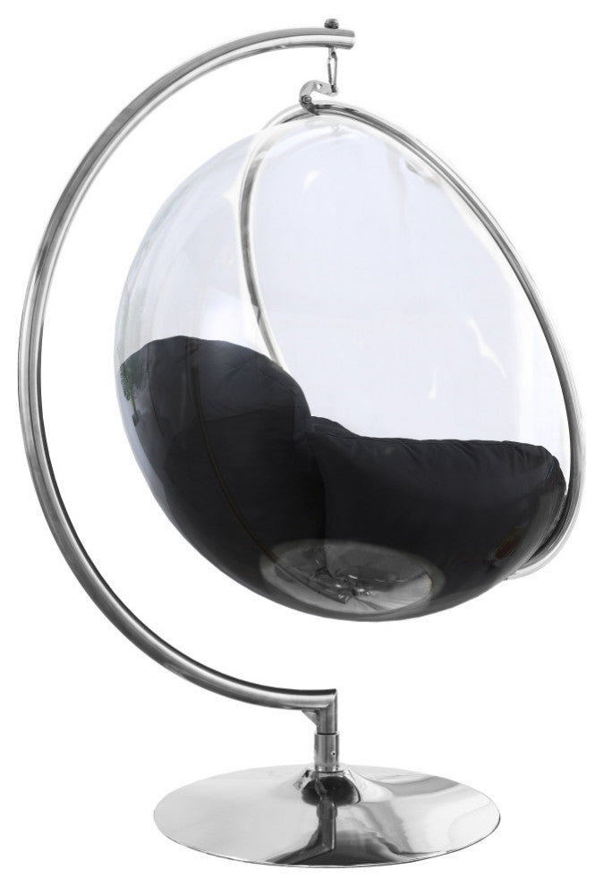 Luna Metal Acrylic Swing Bubble Accent Chair With Stand, Black, Chrome Base