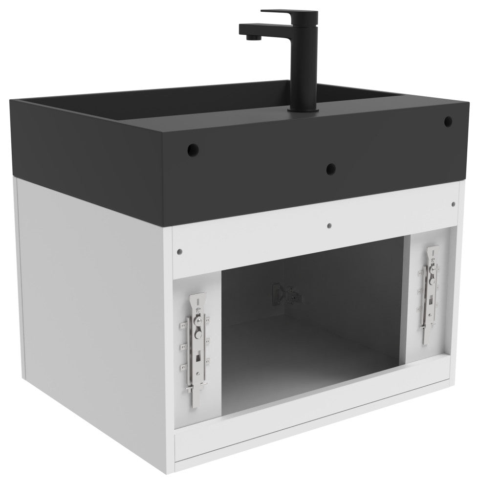 CastelloUSA Amazon 24" Wall Mounted Bathroom Vanity Set, White, Black Top, Black Handles