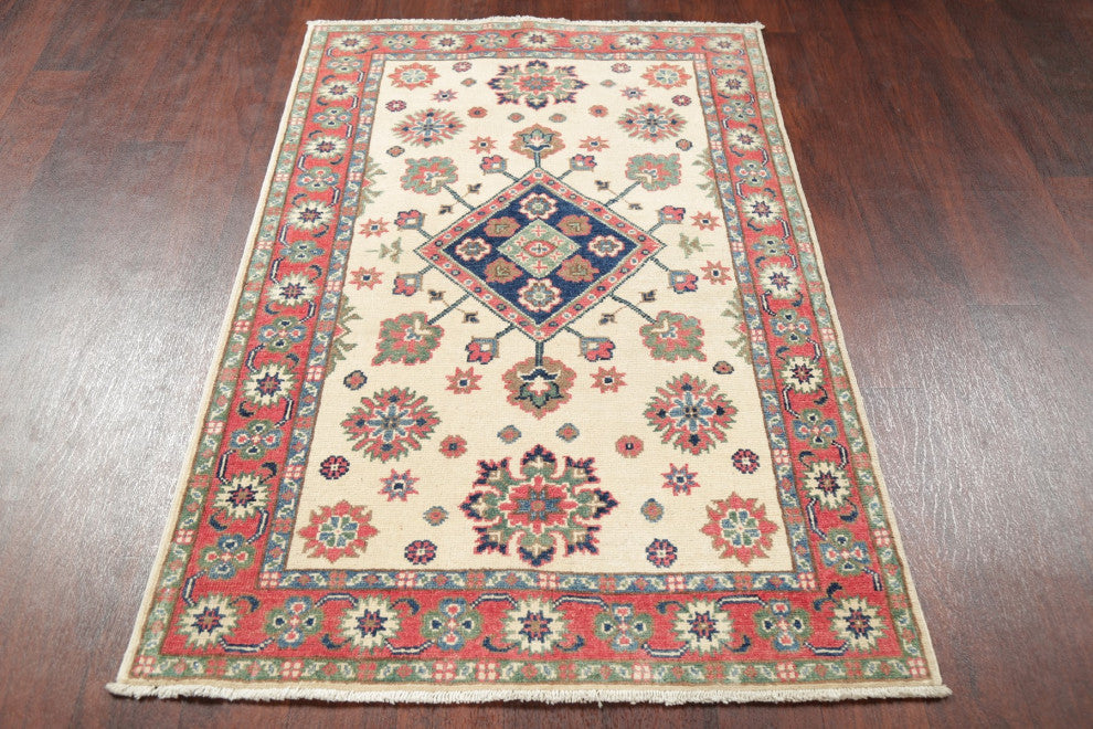 Kazak Oriental Traditional Hand Made Pakistani Area Rug, Beige, 4'10"x3'3