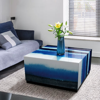 "Blue Run Off I" Reverse Printed Art Glass Cocktail Table with Black Plinth Base