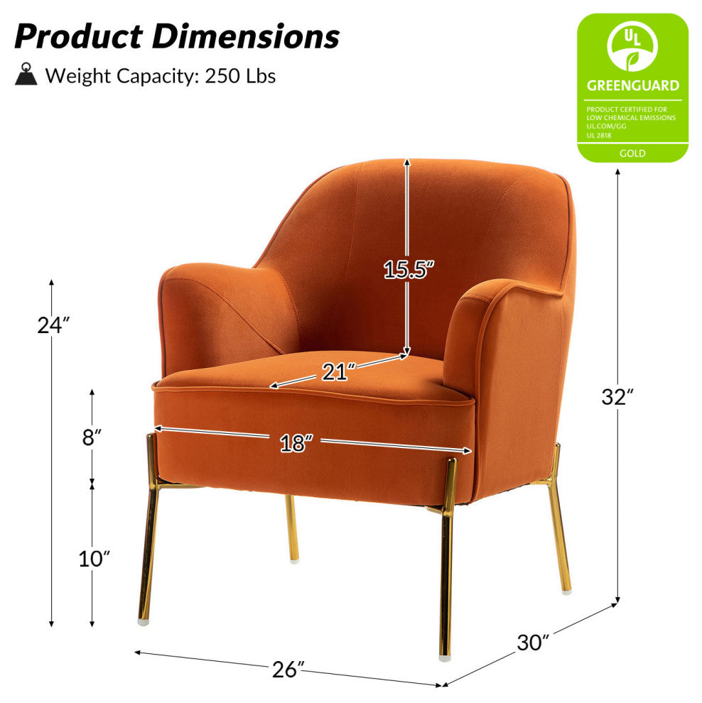 Nora Upholstered Velvet Accent Chair With Golden Base Set of 2, Orange