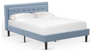 3-Piece Platform Bed Set, 1 Queen Bed Frame, 2 Night Stands Denim Blue Fabric