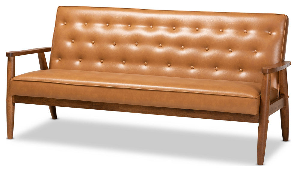 Sorrento Mid-Century Tan Faux Leather and Walnut Wood Sofa