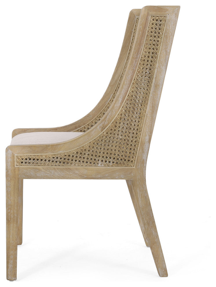 Wendell Rustic Fabric Upholstered Wood and Cane Dining Chairs, Set of 2, Beige