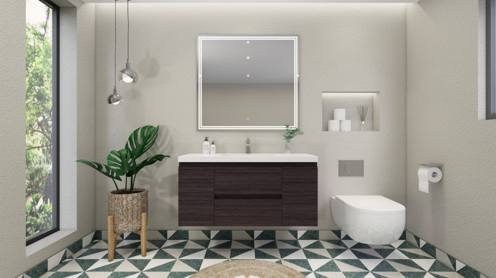Belli 48" Wall Mounted Single Bathroom Vanity Set, Drak Gray Oak, Glossy White Top