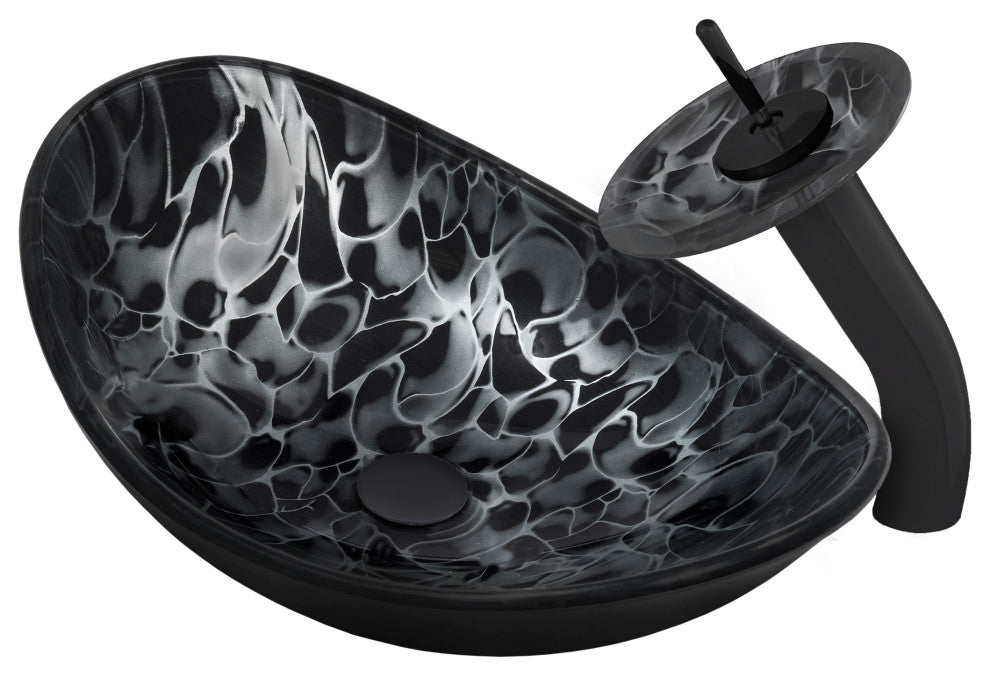 Tartaruga Oval Glass Vessel Sink Combo Set with Faucet and Drain, Matte Black