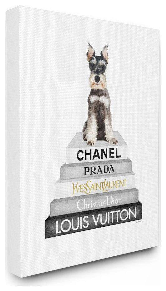 Adorable Dog Sitting on Neutral Glam Fashion Book Stack16x20