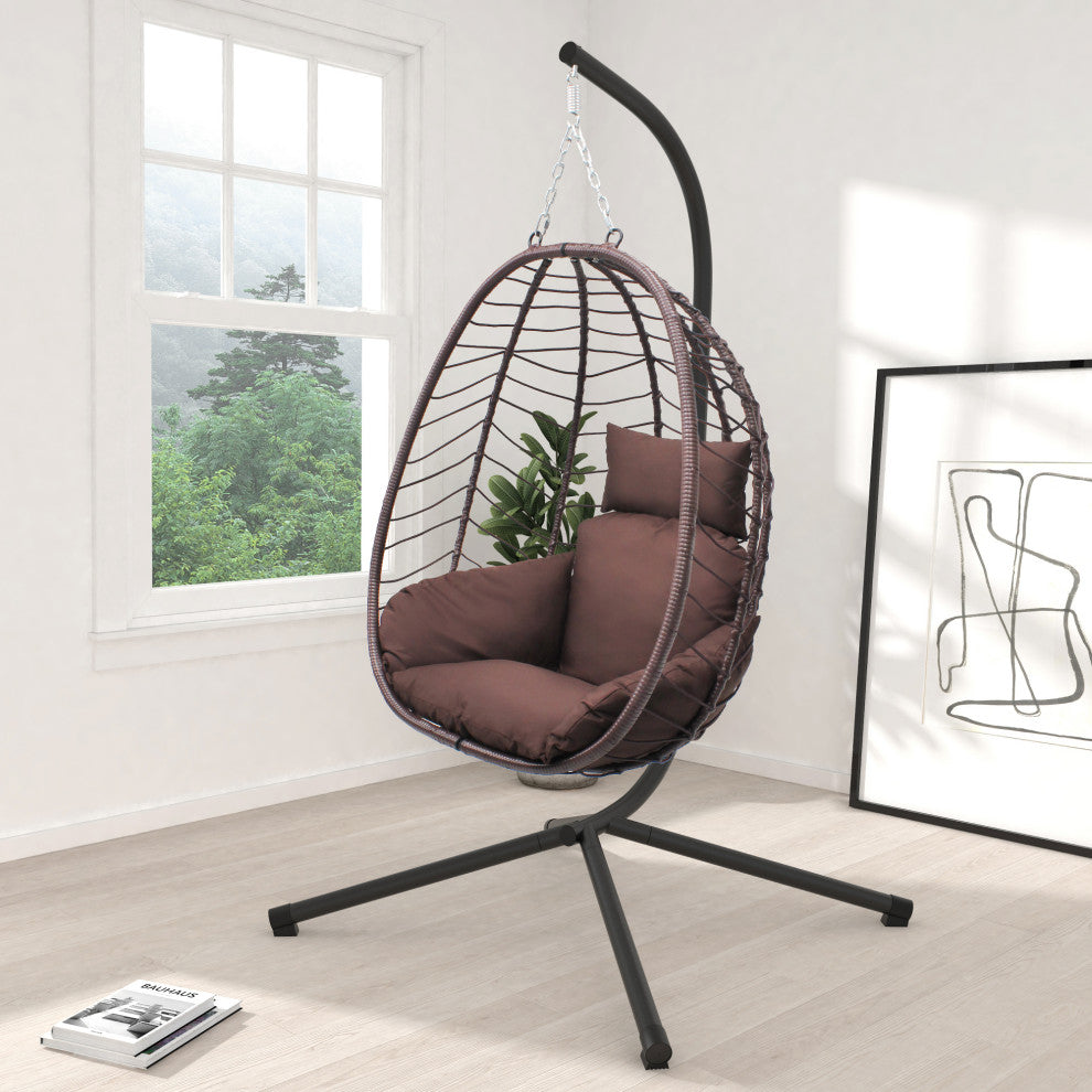 Hanging Egg Chairwith Stand Outdoor Indoor Use Adjustable Height 350lbs Capacity, Brown
