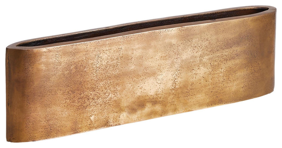 Minimalist Long Narrow Pitted Gold Oval Vase 21 in Wide Centerpiece Modern Brass