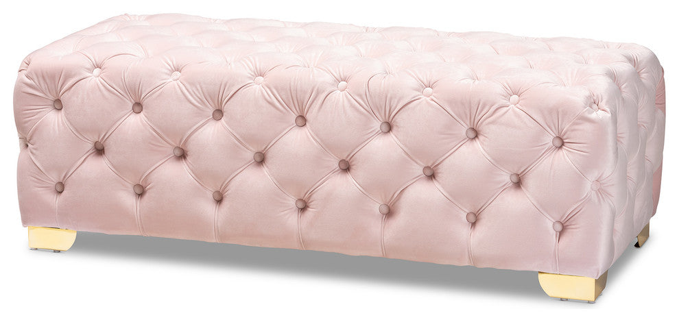 Kimberly Luxe Velvet Upholstered Gold Button Tufted Bench Ottoman, Light Pink