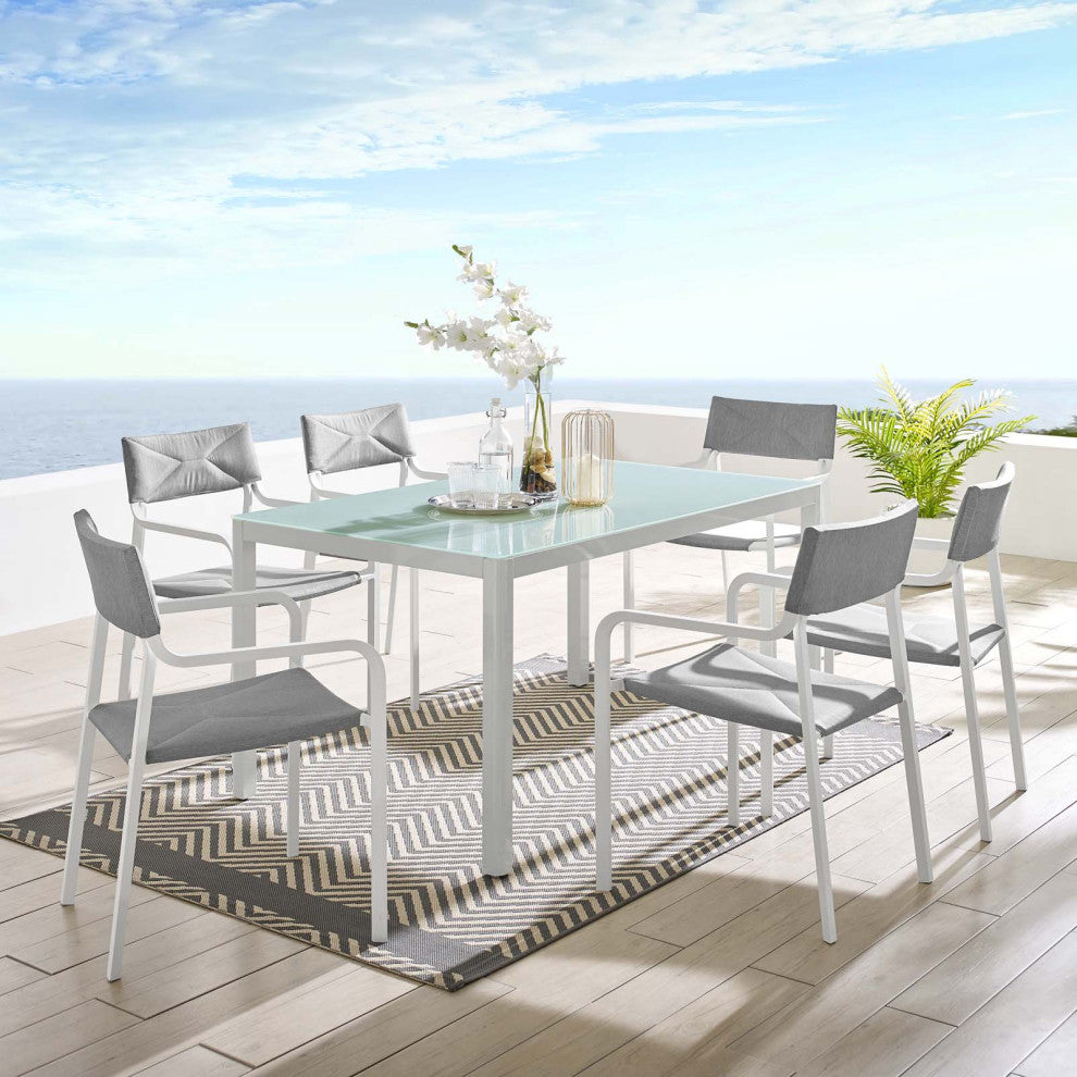 Side Dining Chair and Table Set, Aluminum, Metal, White Gray, Outdoor