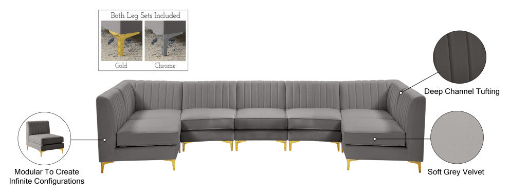 Alina Velvet Modular U-Shaped Sectional, Grey, 7-Piece: 5 Armless Chair, 2 Corner Chair