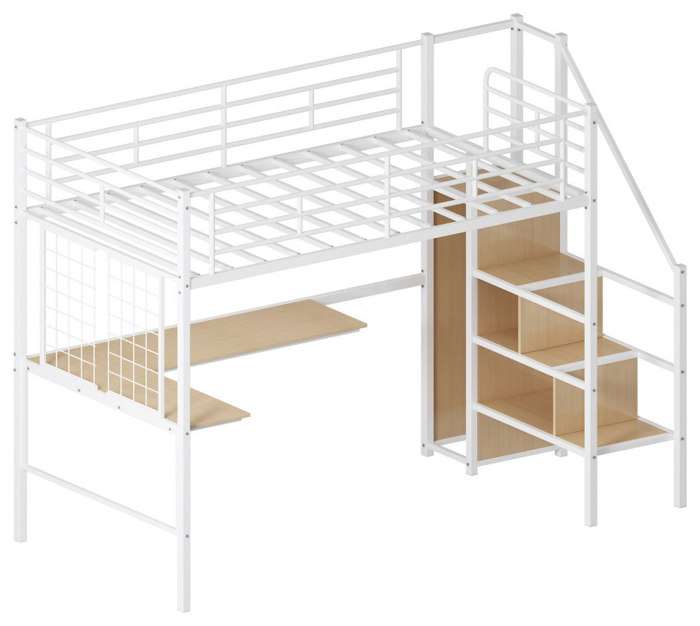 Gewnee Twin Loft Bed with Desk and Storage Wardrobe