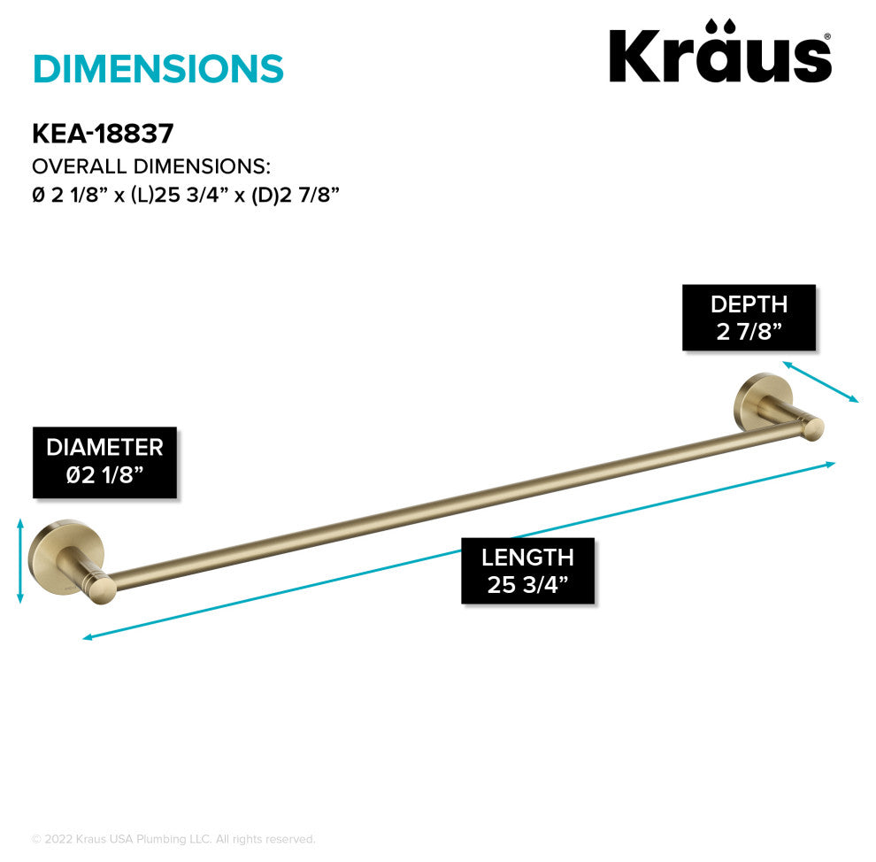 Elie Bathroom 24" Towel Bar, Brushed Gold