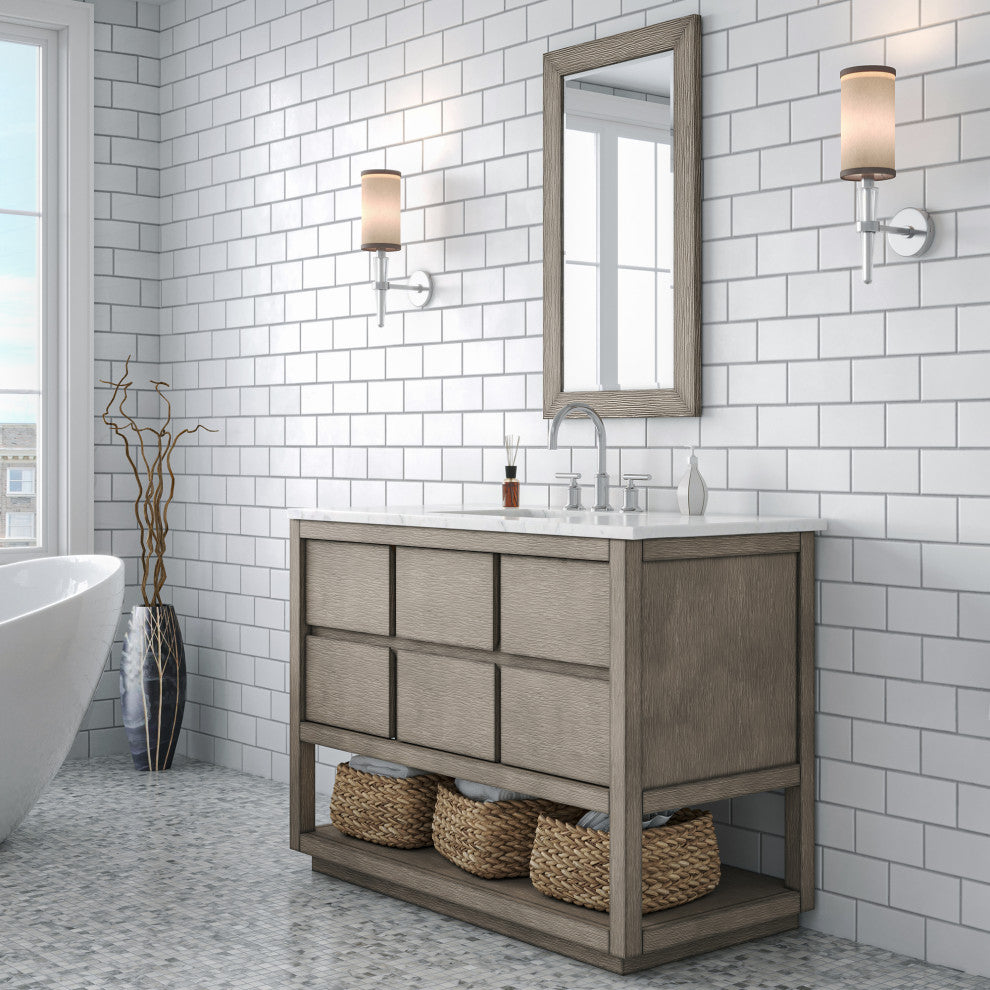 Oakman Marble Top Vanity in Grey Oak with Faucet, 48", Vanity With Chrome Faucet