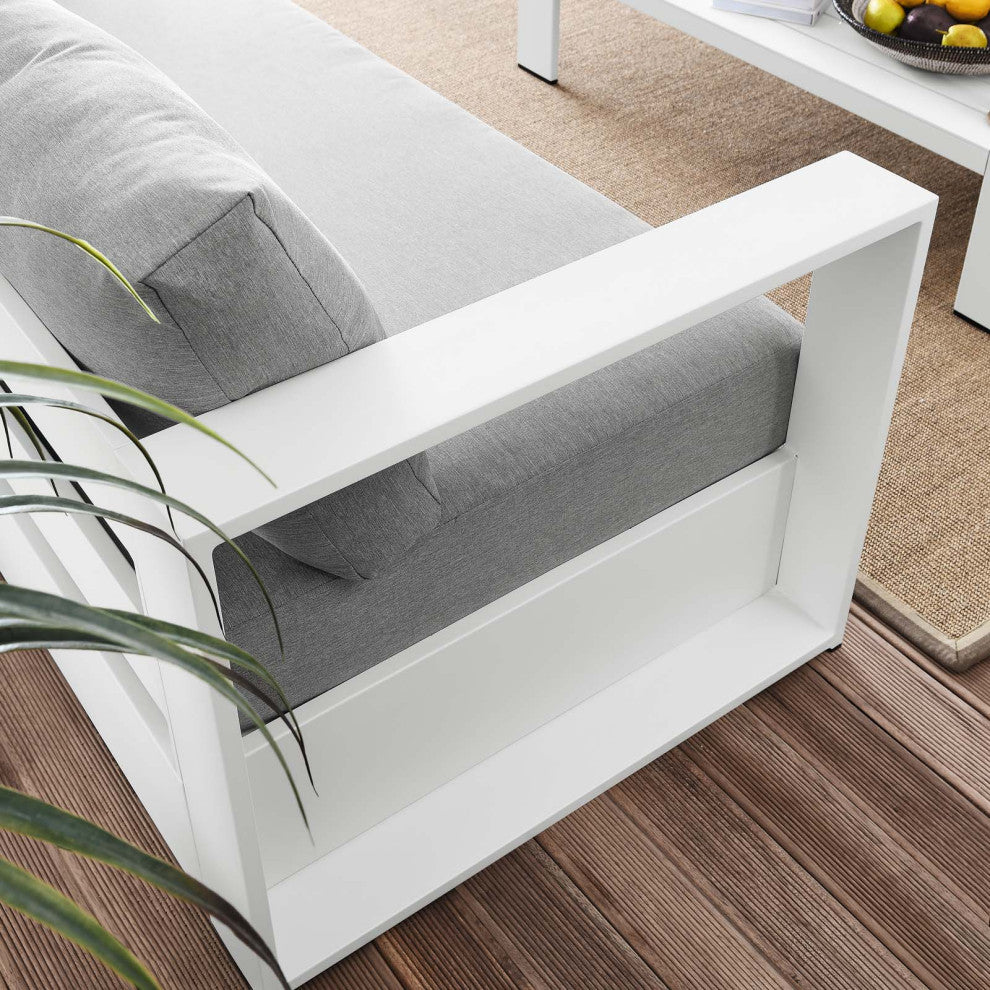 Sectional Sofa Table Set, White Gray, Aluminum, Modern, Outdoor Patio