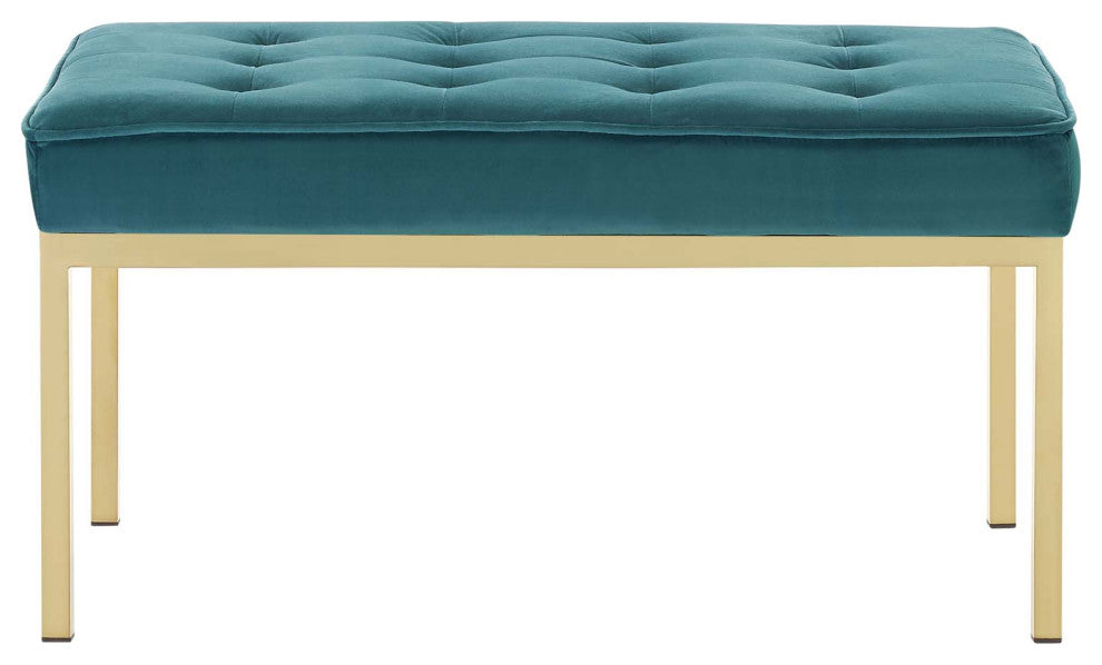 Modern Designer Lounge Accent Chair Bench, Velvet Fabric, Gold Aqua Blue