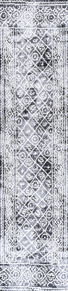 Iften Moroccan Geometric Distressed Ivory/Black 2 ft. x 10 ft. Runner Rug