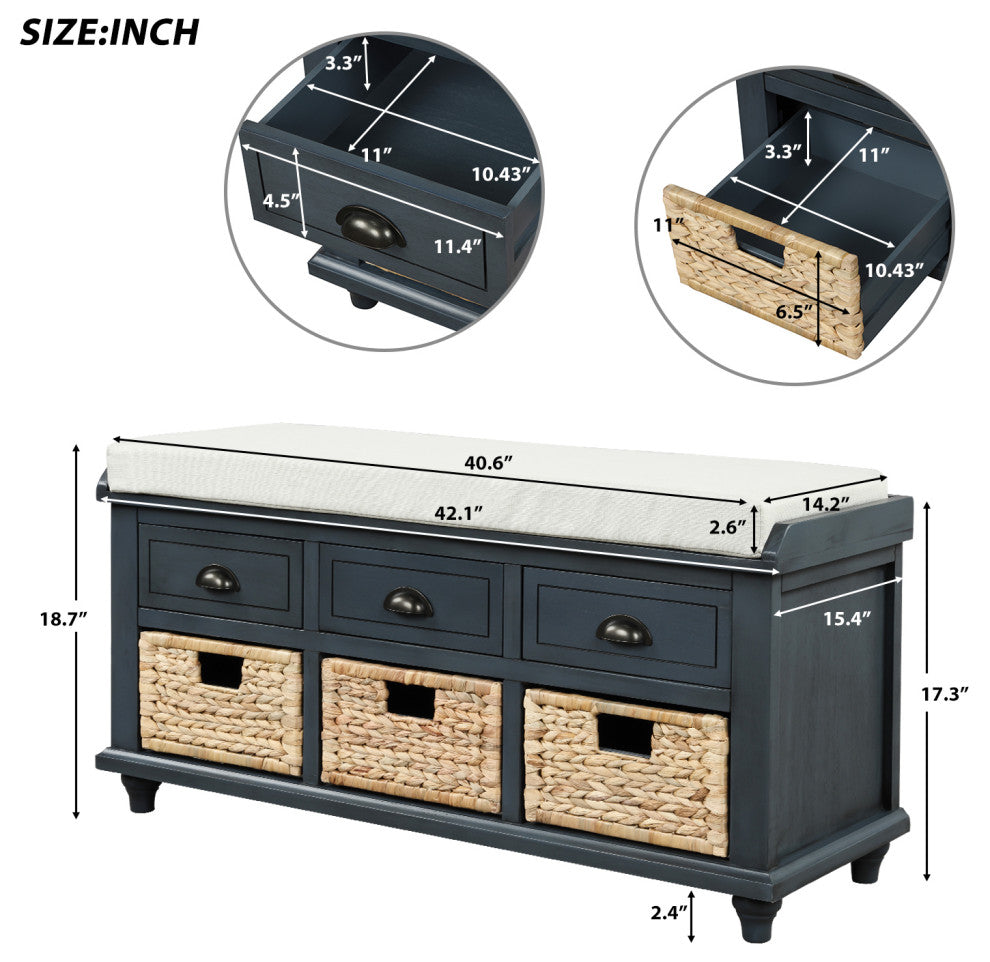 TATEUS 42" Rustic Storage Bench With 3 Drawers and 3 Rattan Baskets, Antique Navy