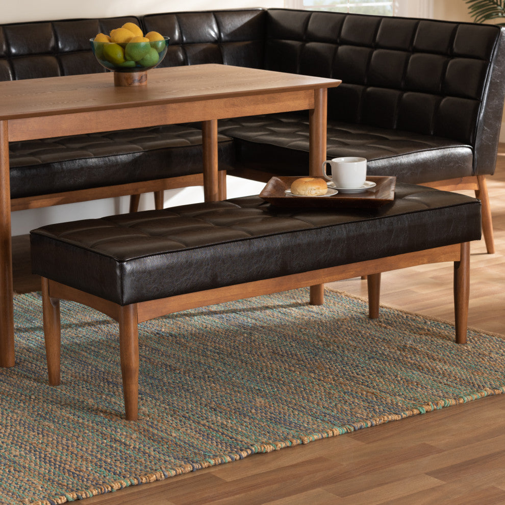 Devin Midcentury Modern Dining Bench, Dark Brown Faux Leather