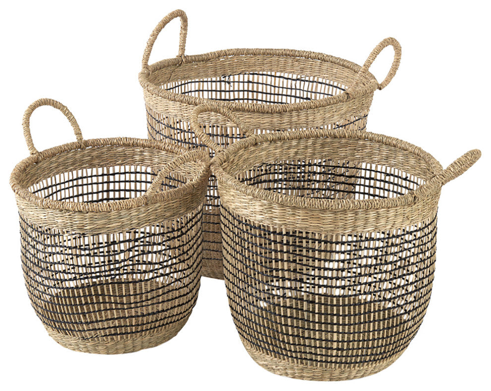 Triopas Medium Brown Seagrass Round Baskets With Handles, 3-Piece Set