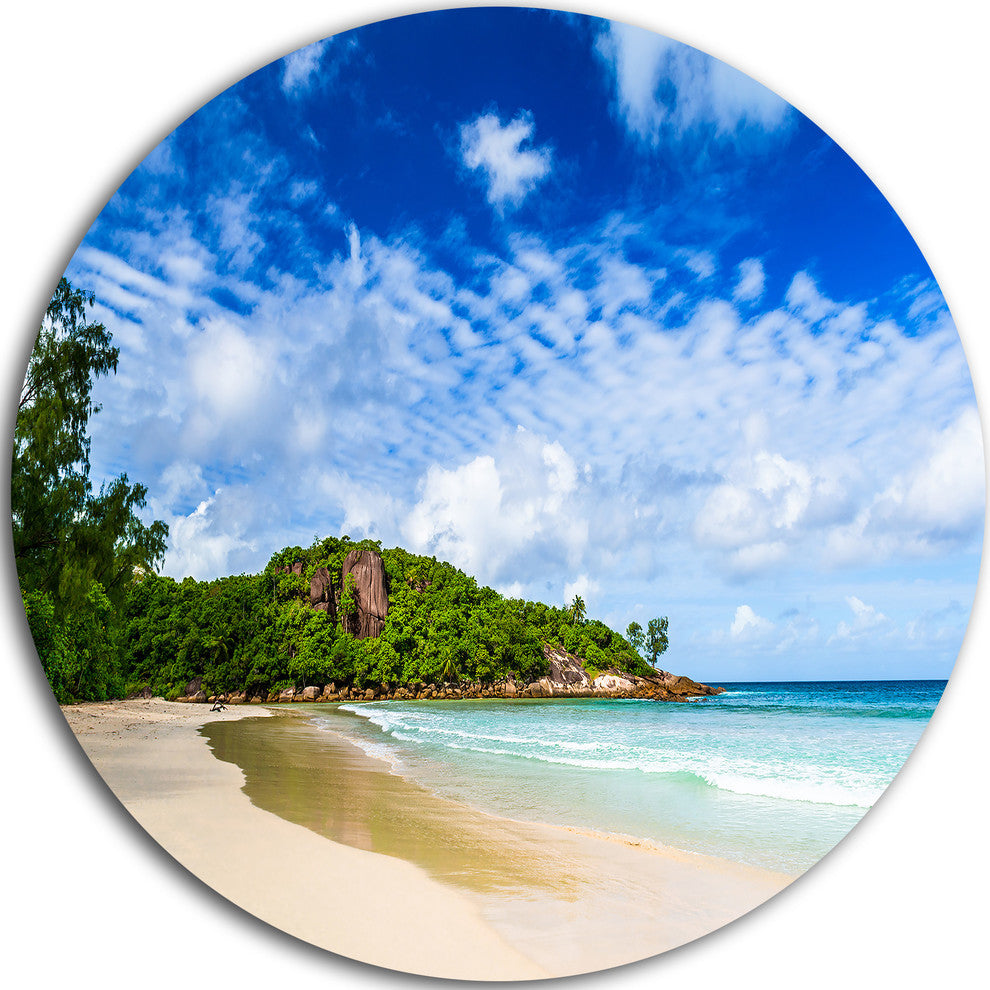Seychelles Tranquil Tropical Beach, Seascape Disc Metal Artwork, 11"