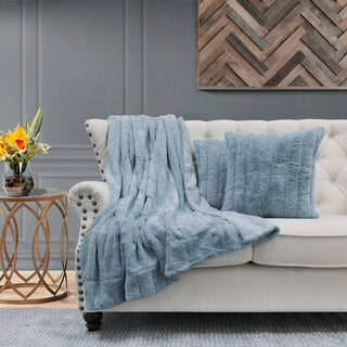 Rabbit Faux Fur Throw Blanket With 2 Pillows, Ashley Blue