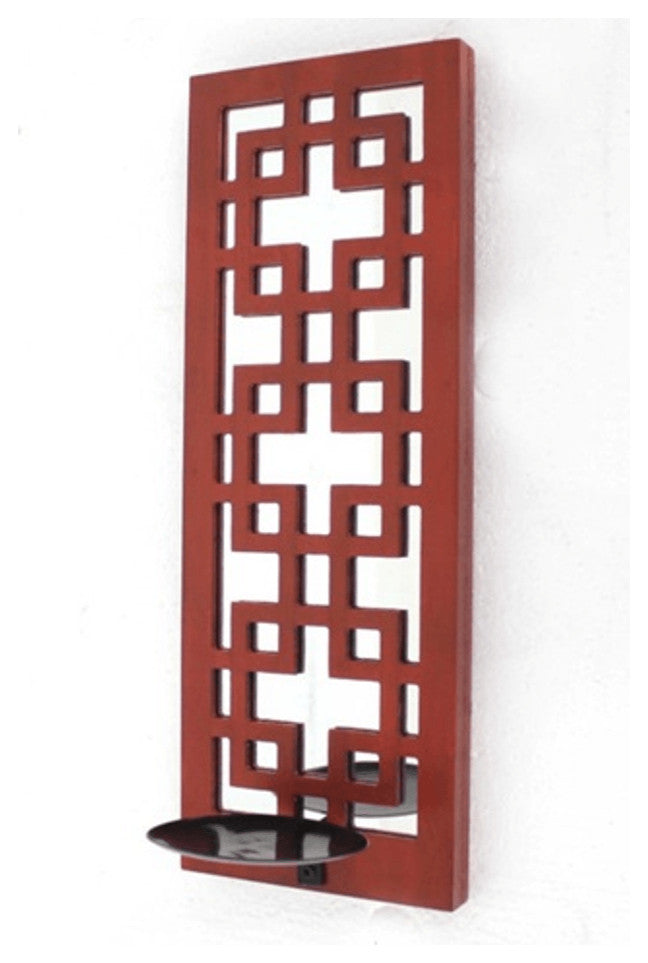 17" X 6" X 5" Red, Vintage Wood, Lattice Mirror - Candle Holder Sconce