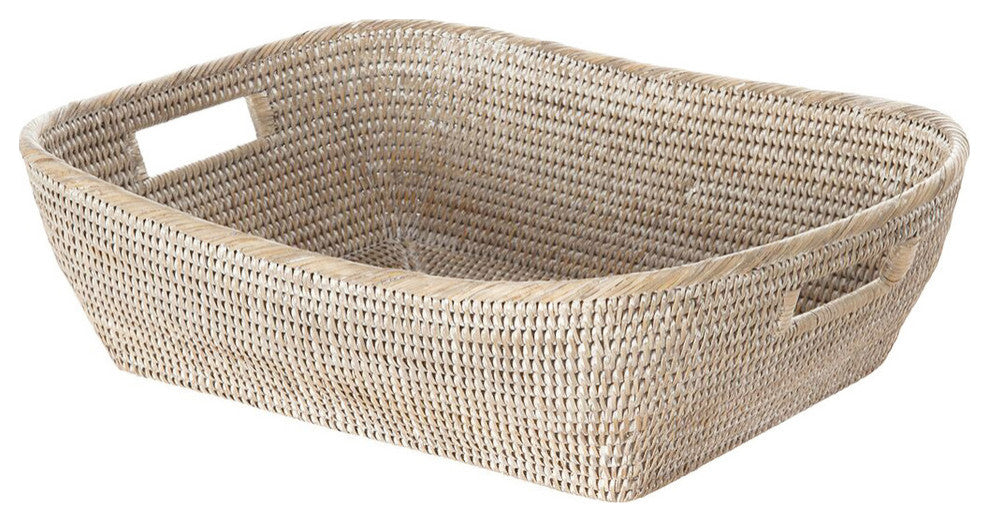 La Jolla  Handwoven Oblong Rattan Storage and Shelf Basket, White-Wash
