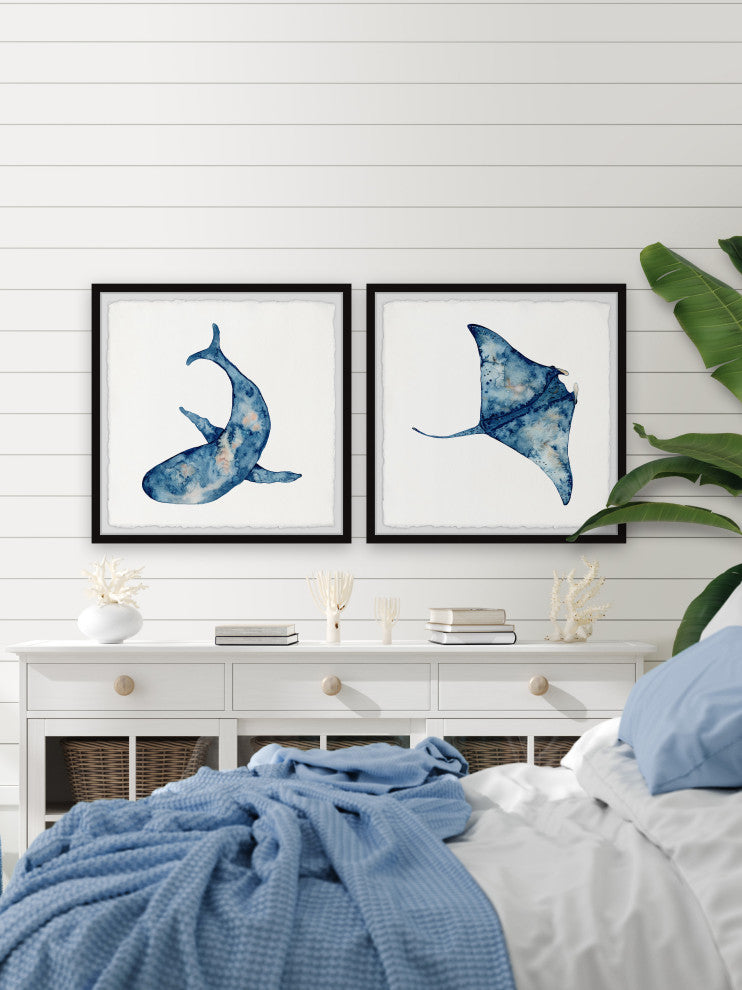 Shark and Stingray Diptych, 2-Piece Set, 18x18 Panels