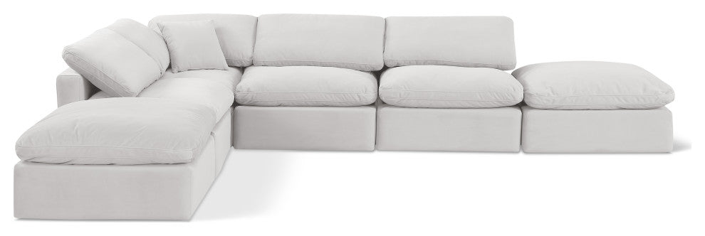 Indulge Upholstered Modular U-Shaped Sectional, Cream, 6-Piece: 3 Armless Chair, 1 Corner Chair, 2 Ottoman, Down Stuffed Velvet