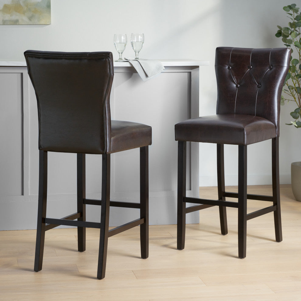 GDF Studio Pierre Brown Leather Barstools, Set of 2, Brown Leather, Bar Height