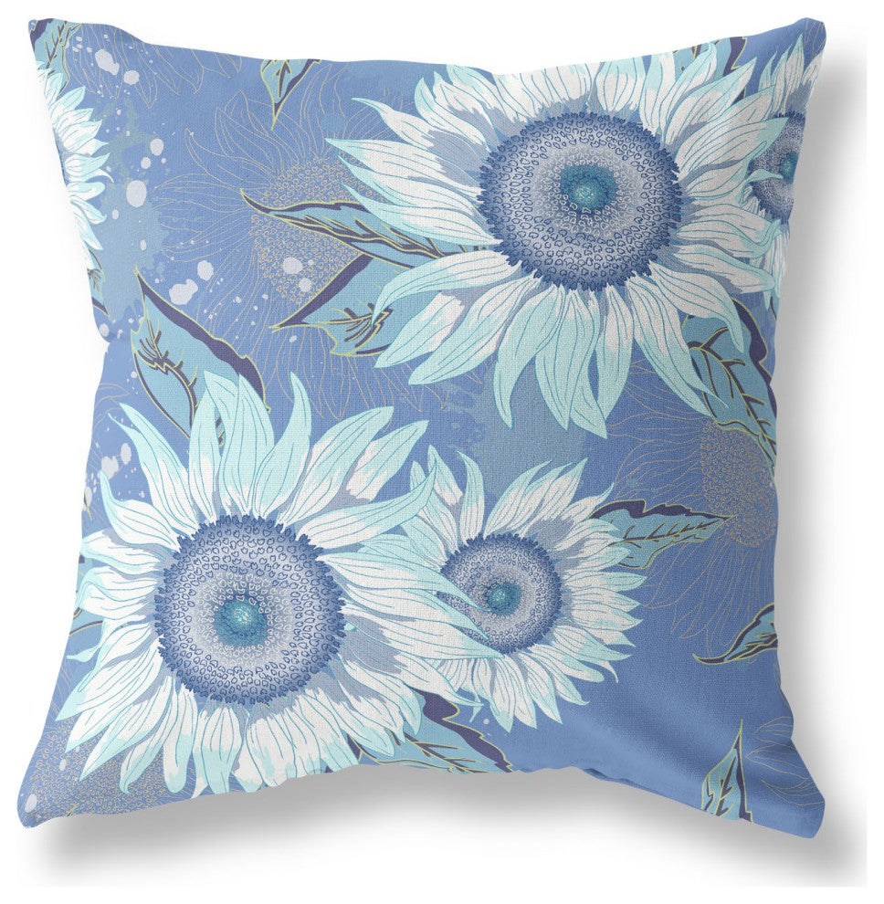 18" Blue White Sunflower Indoor Outdoor Zippered Throw Pillow
