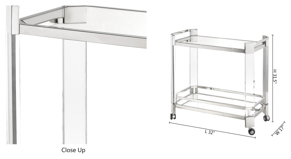 Polished Stainless Steel Frame Bar Cart With Clear Acrylic Legs
