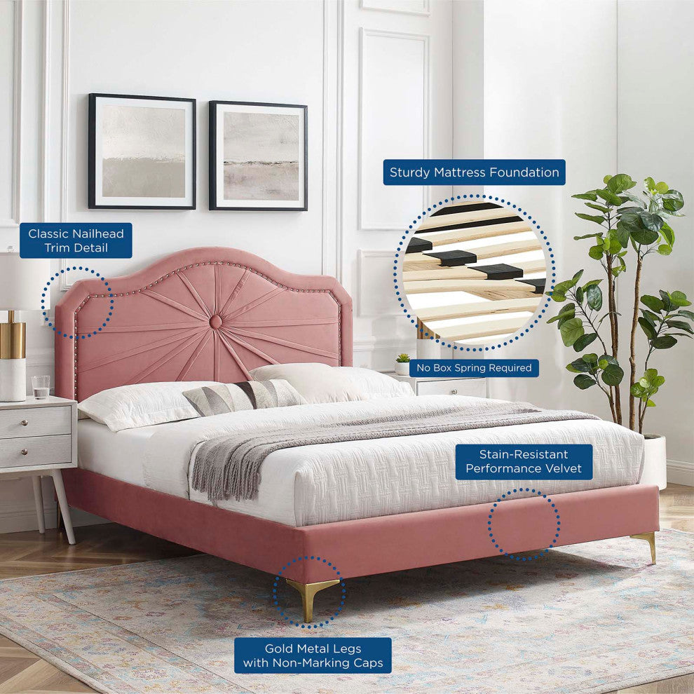 Platform Bed Frame, Twin Size, Velvet, Pink, Modern Contemporary, Bedroom Master
