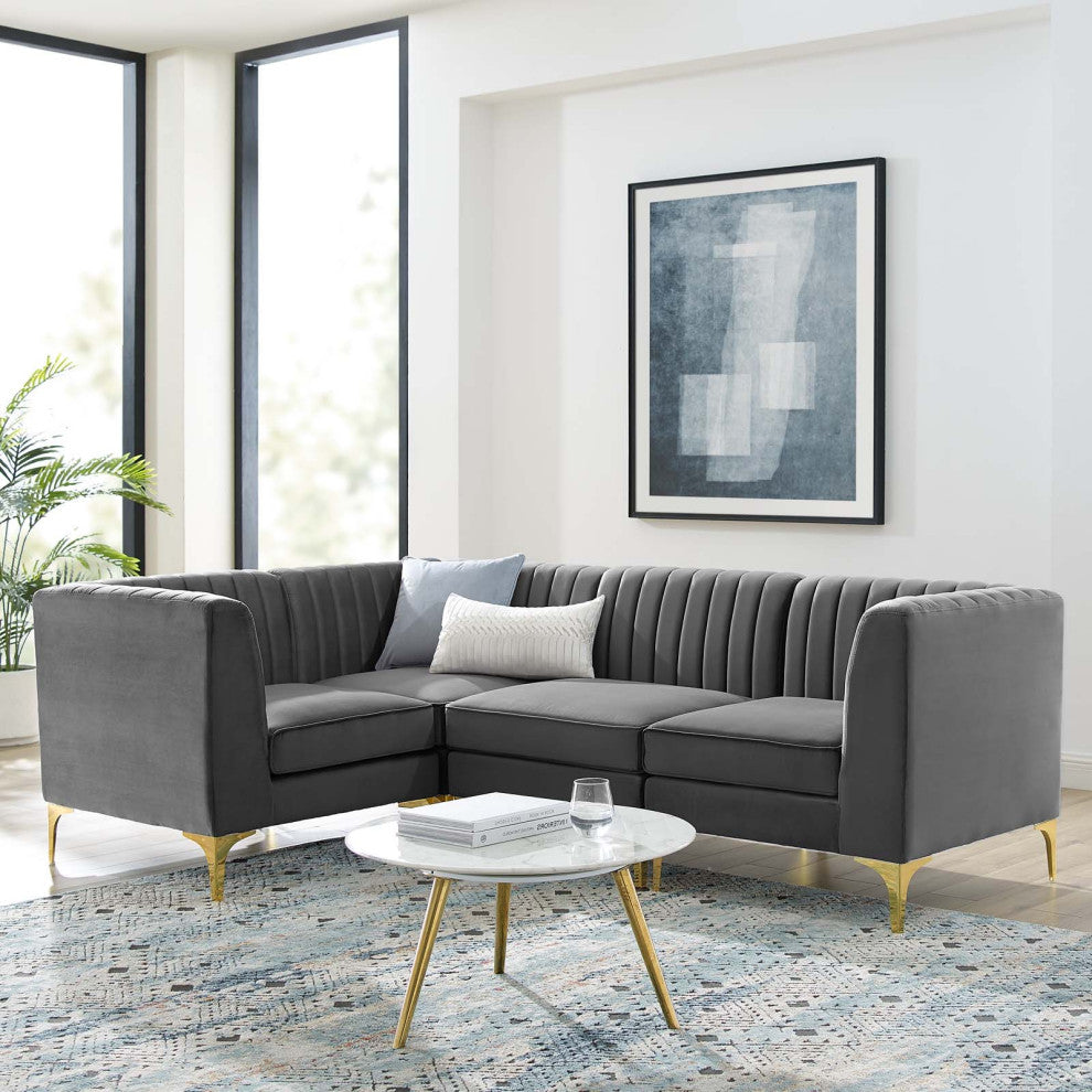 Tufted Sectional Sofa Set, Velvet, Gray, Modern, Living Lounge Hospitality