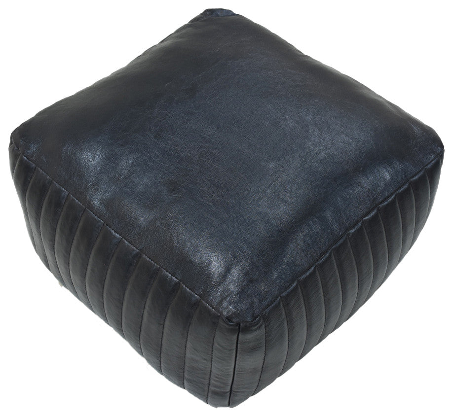 Poufs-Solid Handmade Goat Leather Pouf, Recycled Cotton Fill, Black, Square, 21x21x12