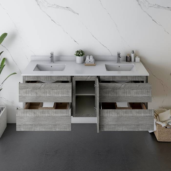 Fresca Formosa Modern 58" Ash Wall Mount Double Sink Bathroom Cabinet