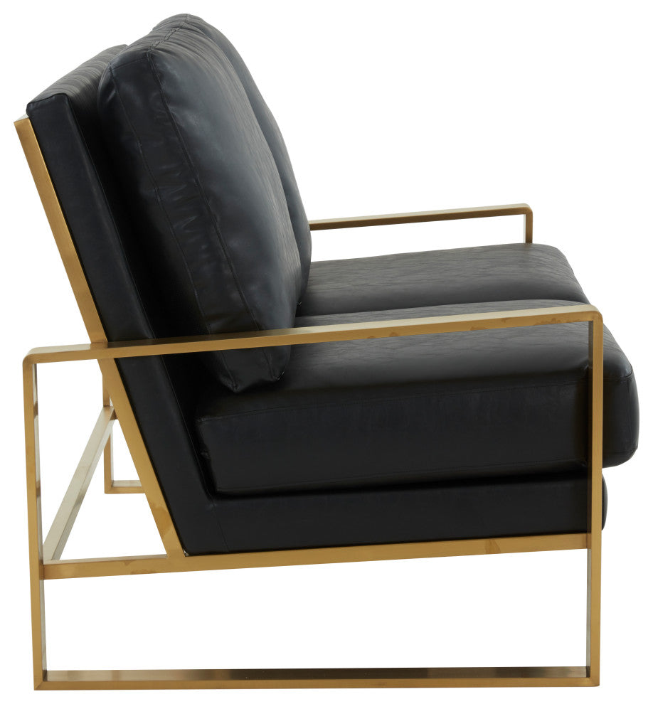 LeisureMod Jefferson Leather Modern Design Loveseat With Gold Frame, Black